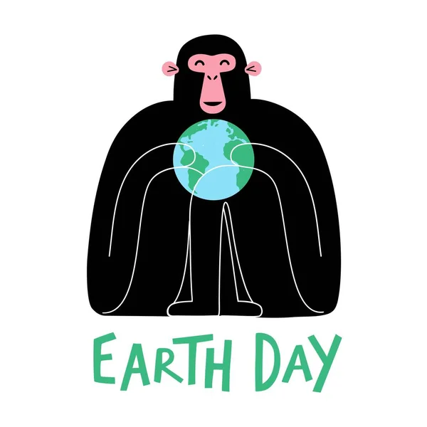 Векторная Иллюстрация Планетой Обезьяна Земля Текст Дня Земли Плакат Цветной — стоковый вектор