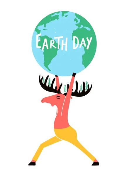 요가에 나오는 말코손바닥사슴을 지구와 나무들 포즈를 취한다 Earth Day Text 로열티 프리 스톡 벡터