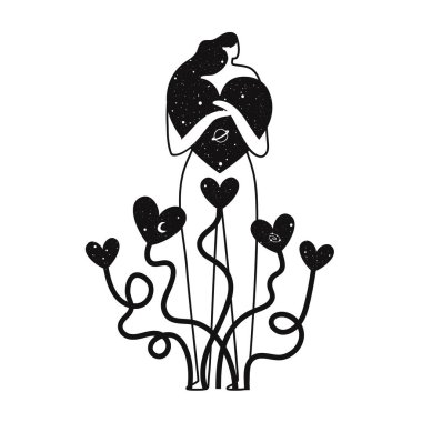 Kadın, kalp, gezegen ve yıldızlı siyah beyaz vektör çizimi. Giysi baskısı tasarımı, tek renkli kadın tebrik kartı şablonu