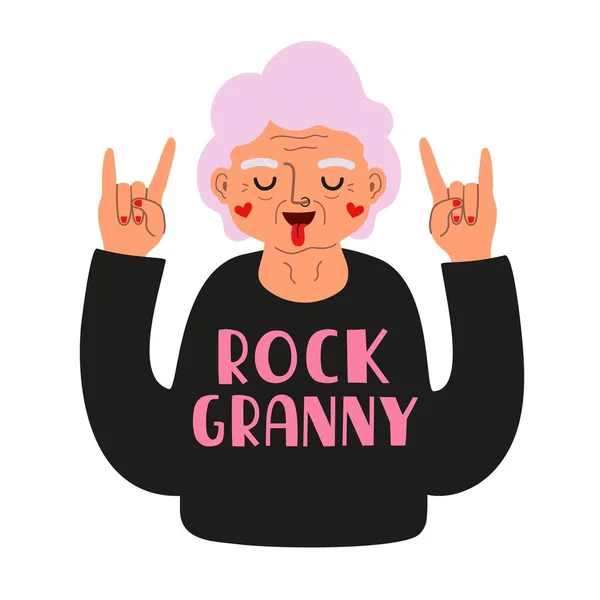Ilustracja Wektora Radosną Uśmiechniętą Starą Kobietą Literowymi Słowami Rock Babciu — Wektor stockowy
