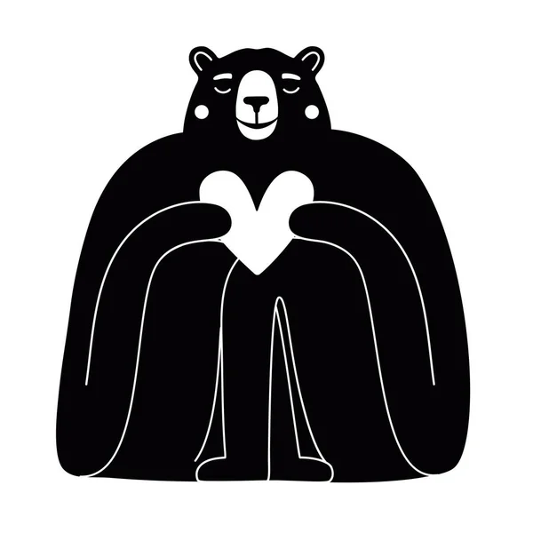 Векторная Черно Белая Иллюстрация Сердцем Медведя Милый Модный Дизайн Одежды — стоковый вектор
