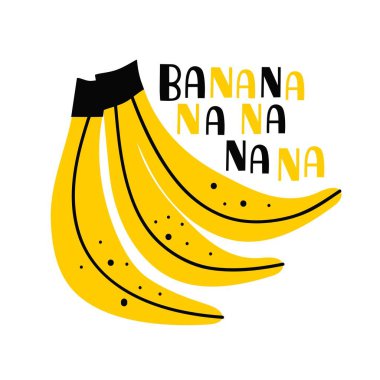 Sarı muzlu ve harfli muzlu vektör çizimi. Komik renkli tipografi posteri, yaz meyvesi baskısı tasarımı