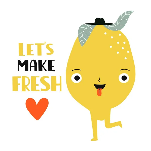 삽화와 모자와 글자로 재미있는 노란색 레몬을 곁들인 신선하게 만들자 디자인 로열티 프리 스톡 벡터