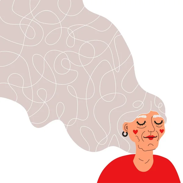 Εικονογράφηση Διάνυσμα Μακριά Μαλλιά Ηλικιωμένη Γυναίκα Και Doodle Αφηρημένες Γραμμές — Διανυσματικό Αρχείο