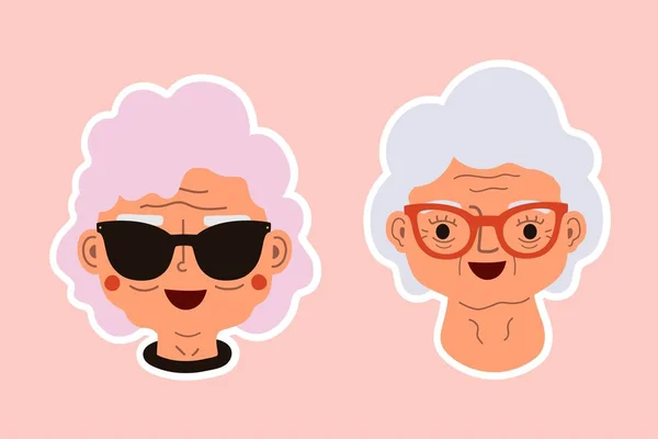 女性の高齢者の頭とベクトルイラストセット 面白いとトレンディーな女性のプリントデザインとグラニー — ストックベクタ