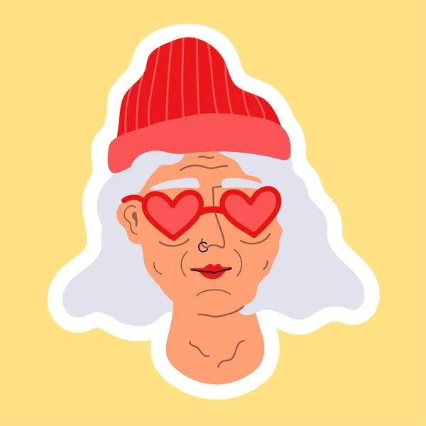 Ilustración Vectorial Con Cabeza Anciana Gafas Sol Forma Corazón Sombrero — Vector de stock