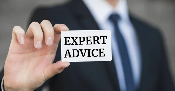 Expert Advice Meddelande Kortet Innehas Affärsman Affärsidé — Stockfoto