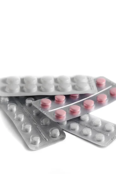 Close Couple White Pills Capsules Isolated White Background Selective Focus — Stock Photo, Image