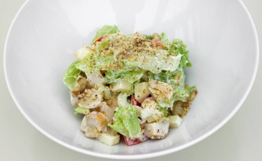 Sezar salatası, tavuk peynirli kızarmış ekmek, domates ve yakın plan beyaz tabakta sos.