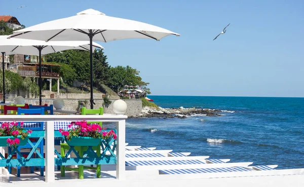 Beautiful Landscape Sea Sky Seagull Street Cafe Resort Town Vacation — Stockfoto