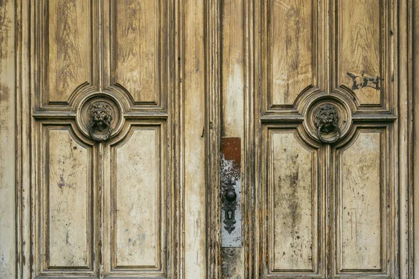 Portas Madeira Vintage Envelhecidas Com Puxadores Cabeça Leão Antigos Arquitetura — Fotografia de Stock