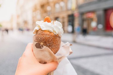 Prag mimarisinin bulanık arka planına karşı Trdelnik ya da trdlo Çek hamur çörekleri kokulu tarçın, fındık ve şeker serpiştirilmiş, tereyağı ve çilek