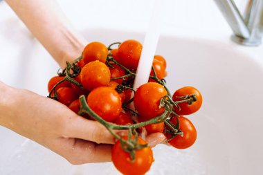 Hands holding cherry tomatoes under running tap water. Hands washing fresh cherry tomatoes in running water of kitchen white sink with faucet. Freshly picked tomatoes, salad preparation