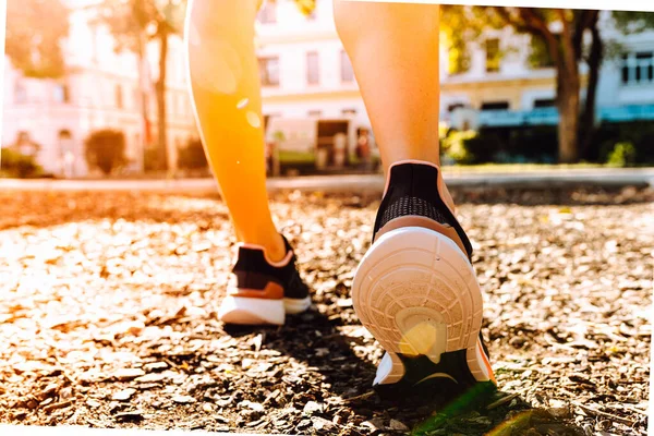 Women Slender Muscular Legs Running Shoes Run Road Surface Alley — Stock Photo, Image