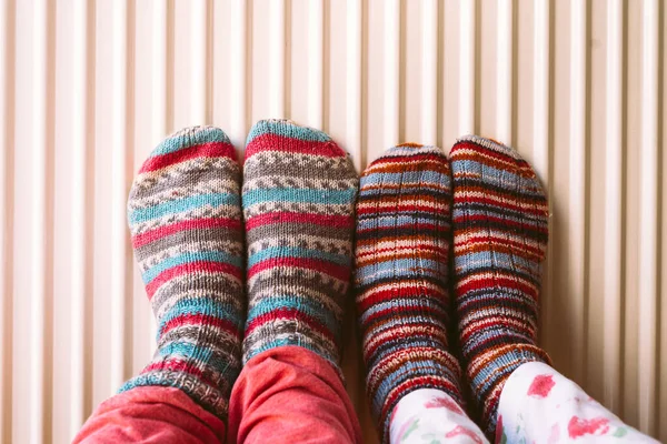 Family Warm Knitted Woolen Socks Home Heater Cold Winter Time — Stock Photo, Image