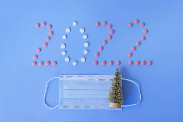 Navidad Año Nuevo Piso Yacía Sobre Fondo Azul Números 2022 — Foto de Stock