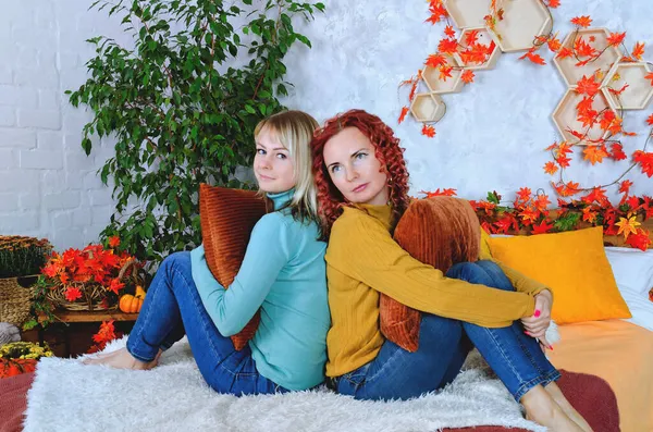 İki hoş genç kadın, kız kardeş, sıcak kazaklı arkadaşlar rahat bir evde yatakta oturmuş gülüyor, eğleniyorlar. Sonbahar süslemeleri, portakal yaprakları, çiçekler, balkabakları olan ev.. 