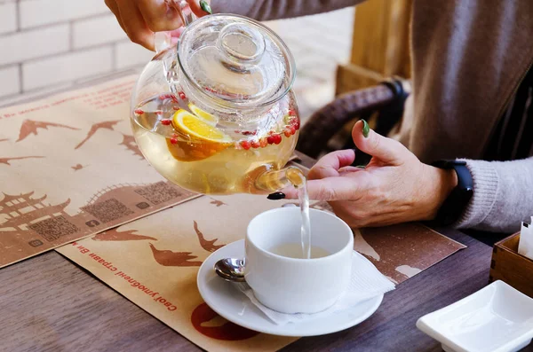 Top View Glass Teapot Cups Tea Table Restaurant Close Tea — Stock Photo, Image