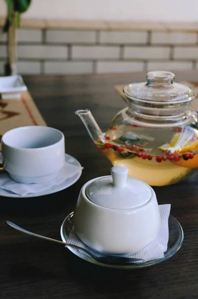 Top View Glass Teapot Cups Tea Table Restaurant Close Tea — Stock Photo, Image