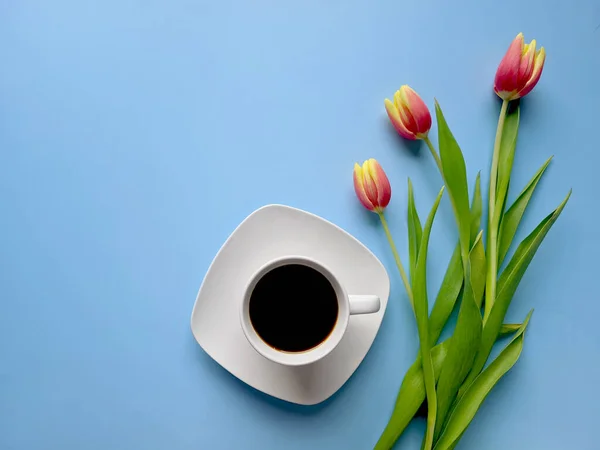 Morning Cup Hot Coffee Sweet Donuts Blue Background Bouquet Tulips — Stock Photo, Image