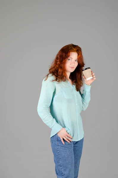 Business Portrait Beautiful Young Woman Red Curly Hair Blue Eyes — Stock Photo, Image