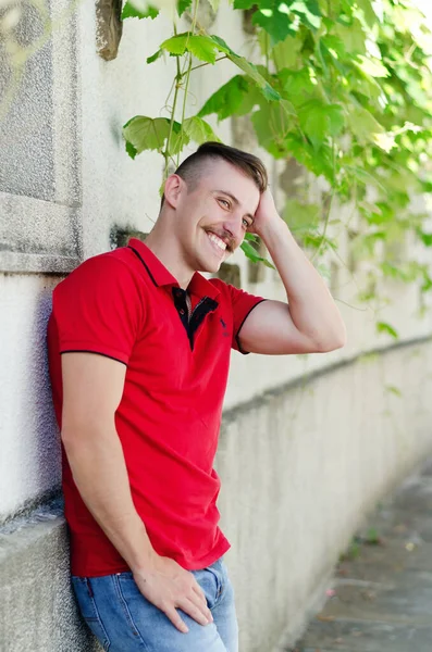 Young Happy Handsome Bearded Man Tourist Sitting Park Smiling Relaxing — 스톡 사진
