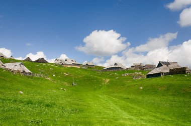 Slovenya 'nın Kamnik Alpleri' ndeki Velika Planina veya Büyük Çayırlık Platosu. Dağ kulübesi ya da Yeşil Tepe 'deki ev. Alp çayır manzarası. Çevre tarımı