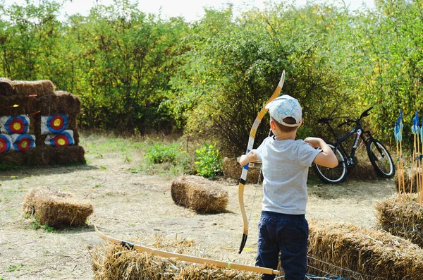Little Boy Kid Bow Arrow Aiming Archery Target Park Back — Stock Photo, Image