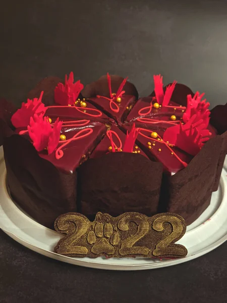 Festive Chocolate Cake Beautiful Red Decorations Close Edible Numbers 2022 — Stock Photo, Image
