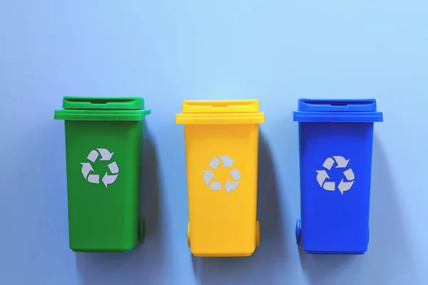 Recycling Garbage Bins. Waste Sorting Concept. Flat lay. Collection of colorful separation recycle bins. Container for sorting waste. Waste types segregation recycling