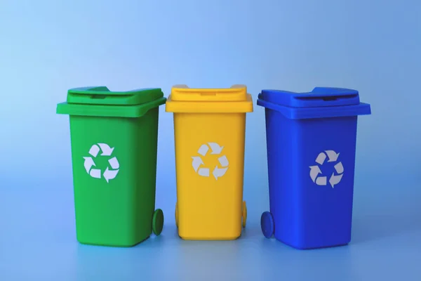 Recycling Garbage Bins. Waste Sorting Concept. Flat lay. Collection of colorful separation recycle bins. Container for sorting waste. Waste types segregation recycling