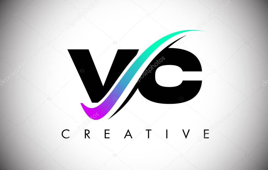 VC Letter Logo with Creative Swoosh Curved Line and Bold Font and Vibrant Colors