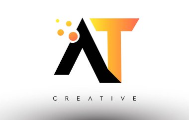 AT Siyah Turuncu Harf Logosu Tasarımı. Noktalı ve Kabarcıklı AT Simgesi Vektör logosu
