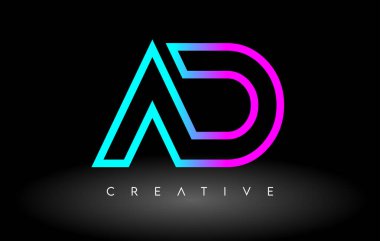 AD Neon Mor Mavi Harfler Logosu Tasarımı. AD Özet Harf Simgesi Vektörü 