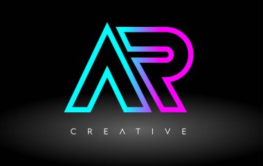 AR Neon Mor Mavi Harfler Logosu Tasarımı. AR Ana Hattı Harf Simgesi Vektörü 