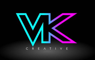VK Neon Mor Mavi Harfler Logosu Tasarımı. VK Özet Harf Simgesi Vektörü 