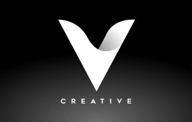 Minimalist Yaratıcı Görünümlü Beyaz Harf V Logo Tasarımı ve Siyah Arkaplan Vektörü Üzerine Yumuşak Gölge