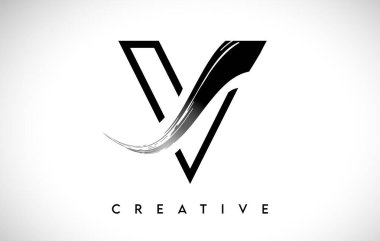 Taslak Monogram Harf V Fırça Darbesi Tasarım Logo Simgesi Sanatsal Boya Fırçası Vuruşu