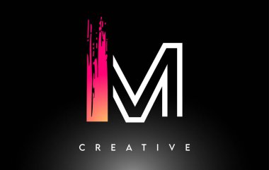 Fırça Harfi M Logo Tasarımı Beyaz Taslak ve Siyah Arkaplan Vektörü
