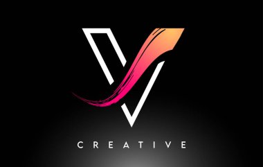 Fırça Harfi V Logo Tasarımı Beyaz Taslak ve Siyah Arkaplan Vektörü