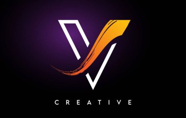 Fırça Darbesi ve Satır Harfleri Simgesi Vektörlü Altın V Harf Logosu Tasarımı