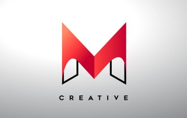 Siyah çizgili ve kırmızı renkte M harfi. Yaratıcı Modern Harf Logosu Tasarımı.