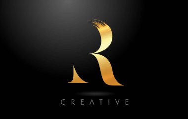 Altın folyo desenli Altın R Fırça Mektubu. Sanatsal Zarif Altın Stil Logo Vektörü