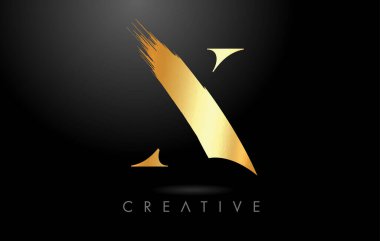 Altın folyo desenli Altın X Fırça Mektubu. Sanatsal Zarif Altın Stil Logo Vektörü