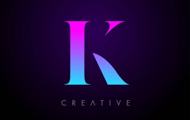 Mor Mavi Neon K Harf Logosu Tasarımı Minimalist Biçim ve Serif Yazı Tipi Vektörü