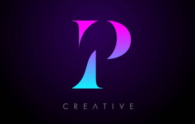 Mor Mavi Neon P Harf Logosu Tasarımı Minimalist Biçim ve Serif Yazı Tipi Vektörü