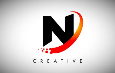 Eğri Kırmızı Swoosh ve Noktalı Yaratıcı Harf N logosu. Modern Moda Harf Simgesi Vektör İllüstrasyonu