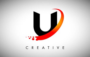 Eğri Kırmızı Swoosh ve Noktalı Yaratıcı Mektup U logosu. Modern Moda Harf Simgesi Vektör İllüstrasyonu