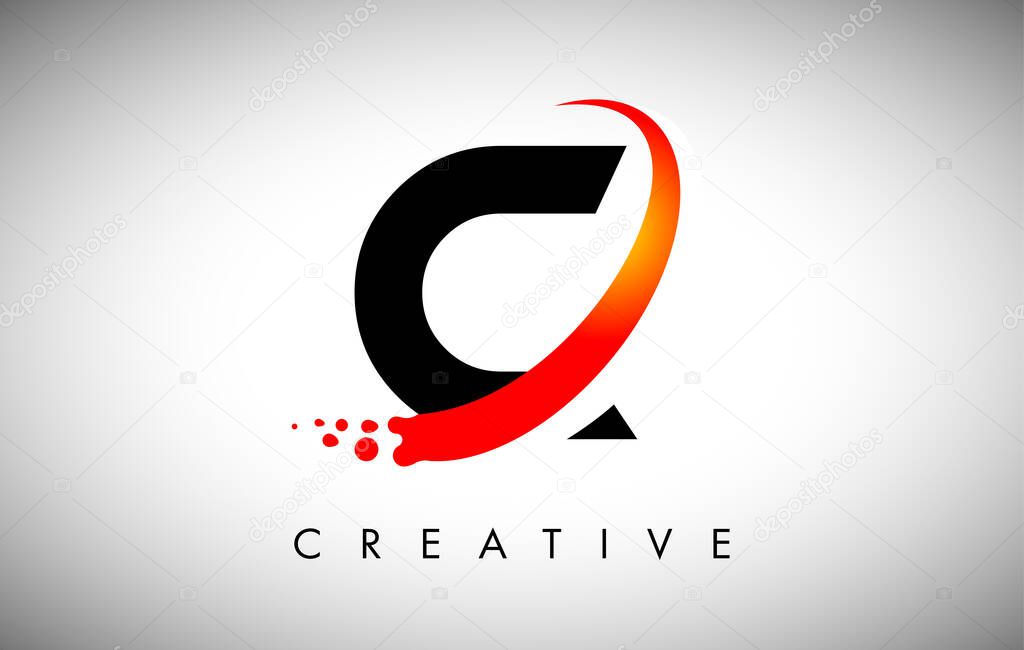 Creative Letter C Logo with Curved Red Swoosh and Dots. Modern Trendy Letter Icon Vector Illustration