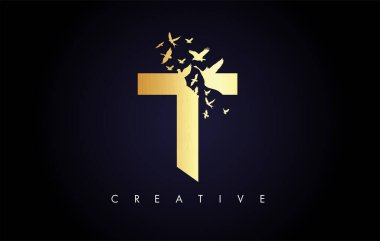 Mektuptan Uçan ve Parçalanan Kuş Sürüsü ile Altın T Logosu. 